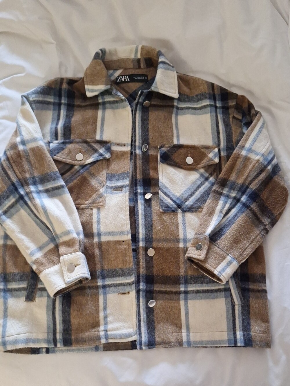 ZARA Plaid Shacket in Cream, Brown & Blue SZ S